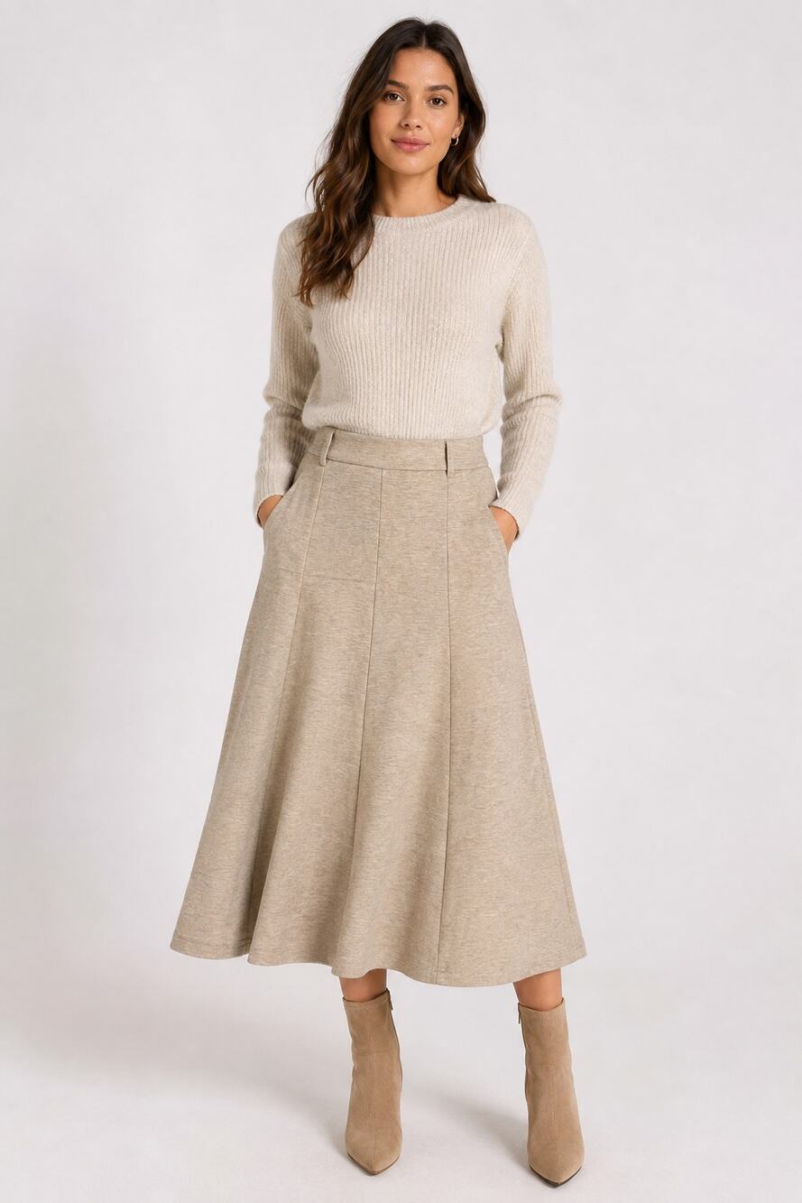 OGL FuzzLuxe Flared Midi Maxi Skirt Heather Oatmeal Wool Blend Womens Large New
